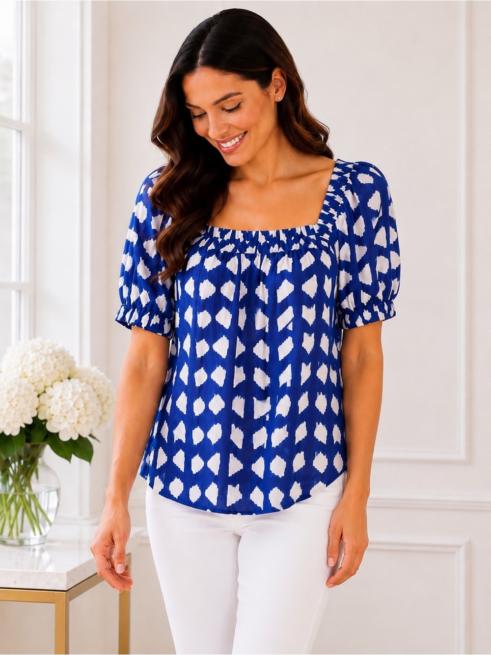 Sonoma Blue White Geometric Square Neck Puff Sleeve Peasant Top NWT S